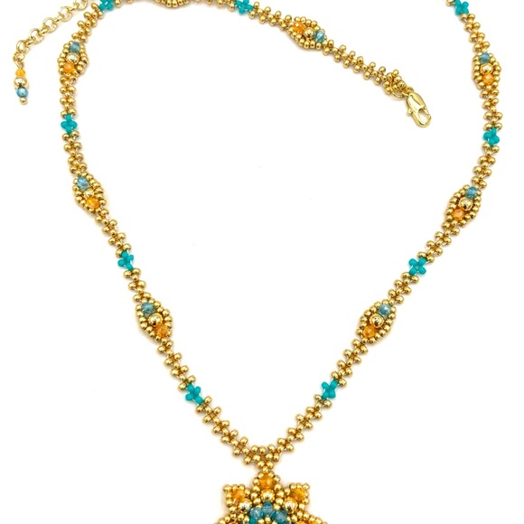 Hand Crafted Gold and Blue Floral Pendant Necklace - Picture 7 of 10